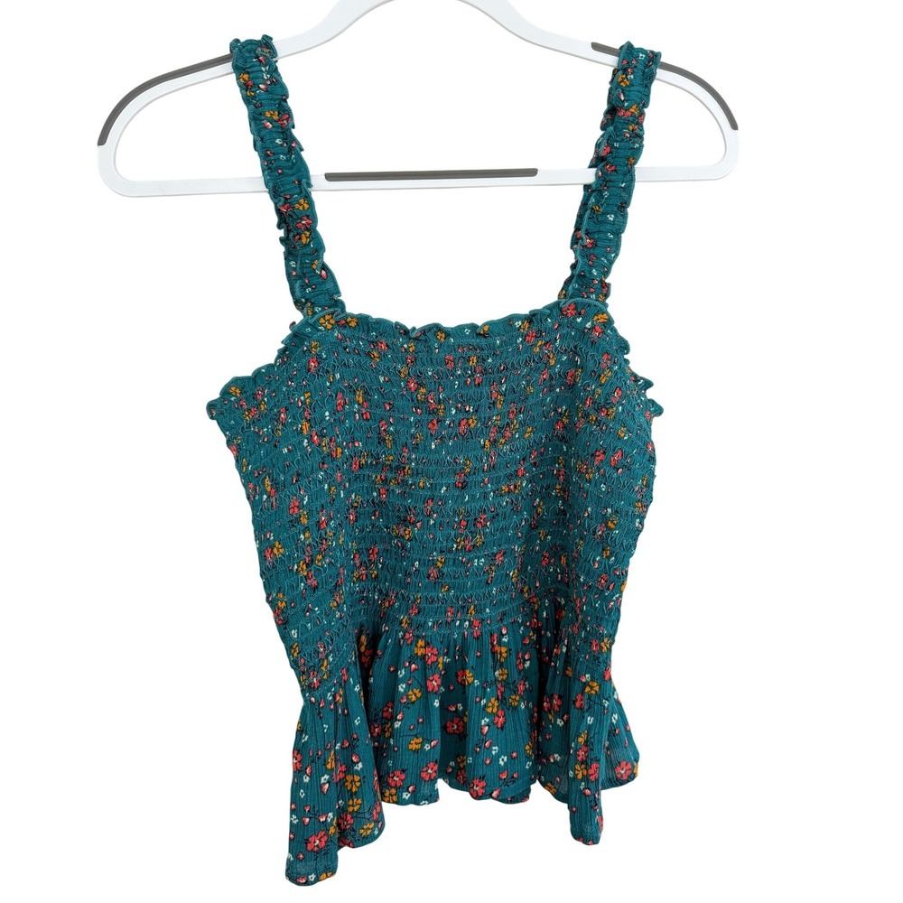 Patrons of Peace Teal Blue Floral Smocked Peplum Tank Top Size Large